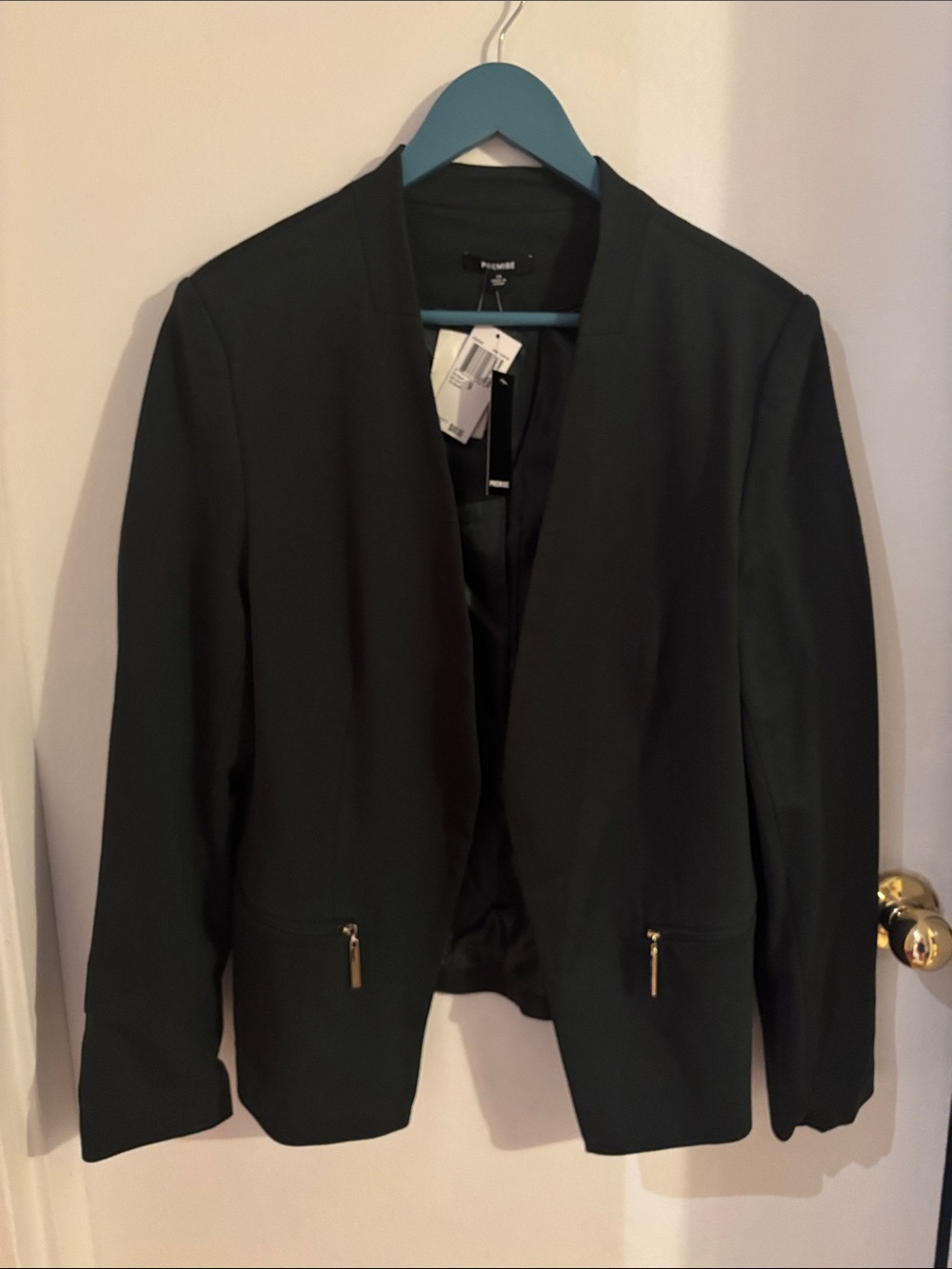 Premise Dark Green Collarless Blazer with Gold Zippers
